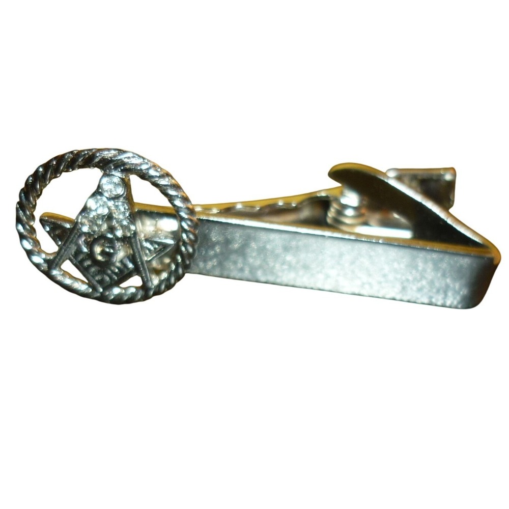 Masonic Tie Clip Silver‎ Tone Square and Compasses Rhinestone Mens Tie Bar G